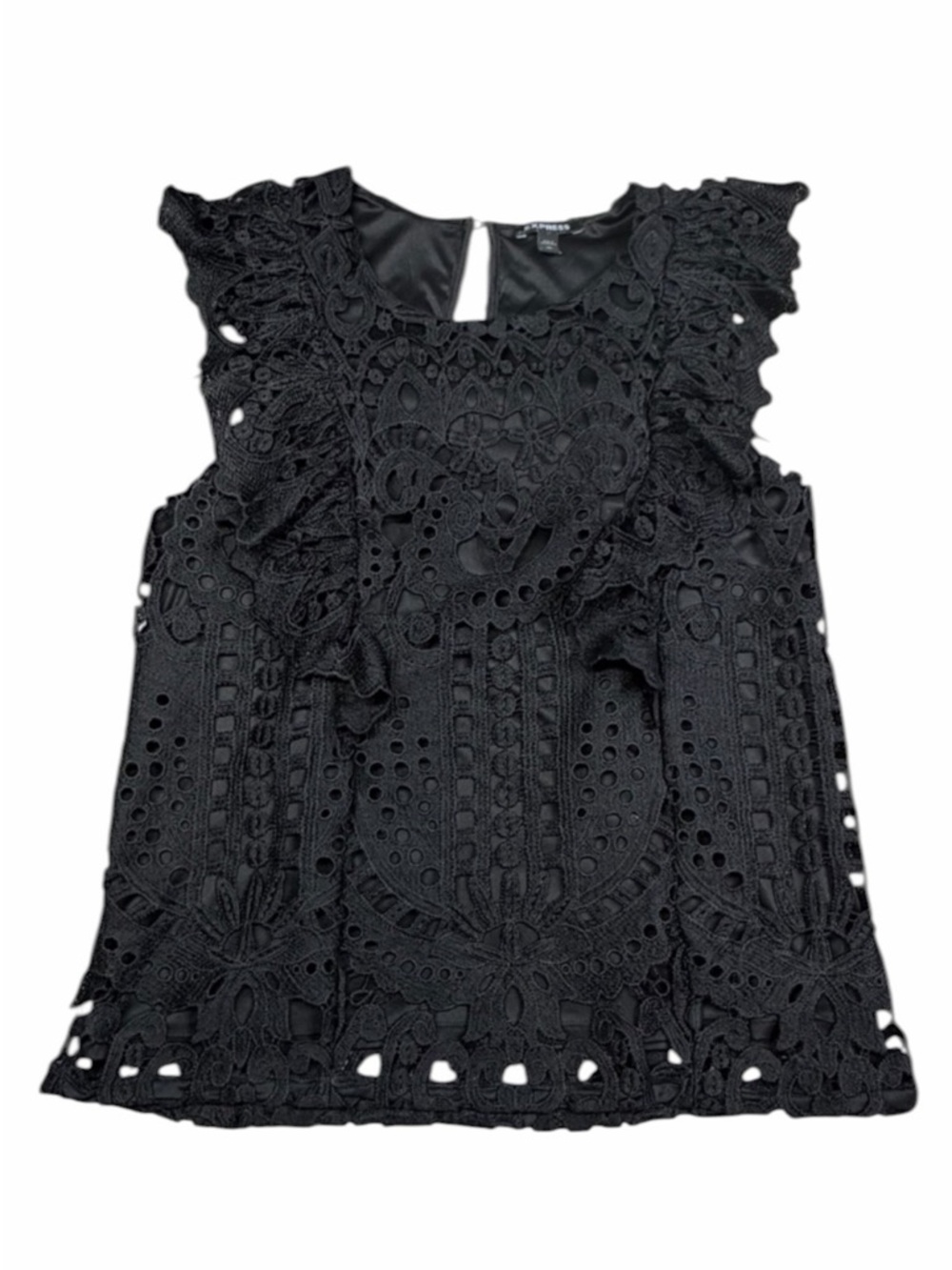 Express Black Baroque Lace Crochet Ruffle Sleeve Blouse - Size Medium - Picture 8 of 16